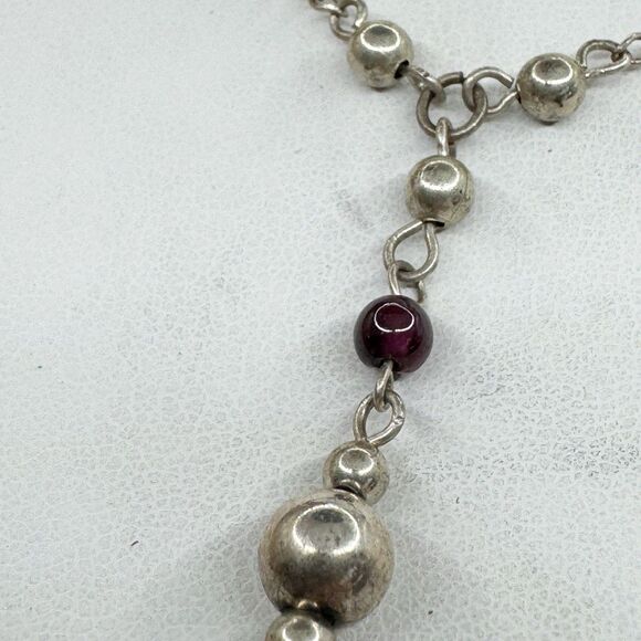Sterling Silver And Garnet Beaded Y Drop Dainty Necklace Minimalist Classic Y2K - Picture 8 of 10